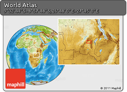 Physical Location Map of the Area around 9° 15' 16" S, 27° 16' 29" E