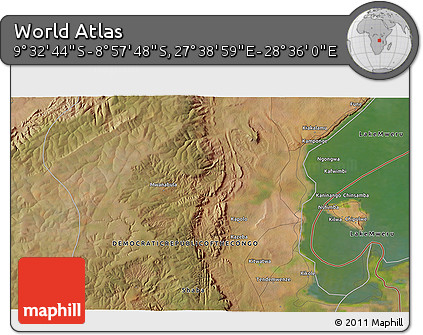 Satellite 3D Map of the Area around 9° 15' 16" S, 28° 7' 30" E