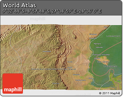 Satellite 3D Map of the Area around 9° 15' 16" S, 28° 7' 30" E