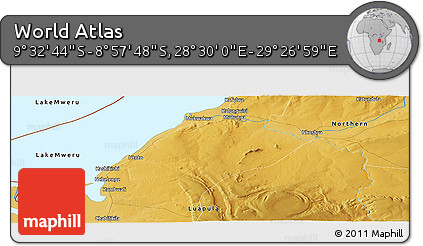 Physical Panoramic Map of the Area around 9° 15' 16" S, 28° 58' 30" E