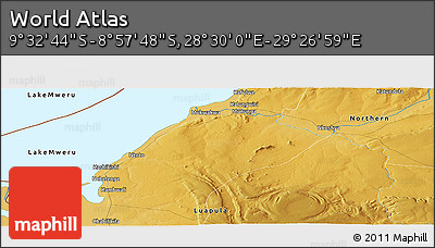 Physical Panoramic Map of the Area around 9° 15' 16" S, 28° 58' 30" E