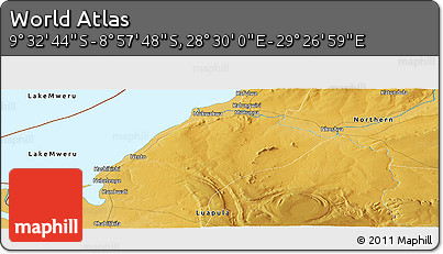 Physical Panoramic Map of the Area around 9° 15' 16" S, 28° 58' 30" E