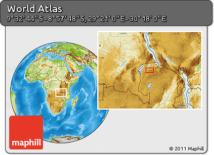 Physical Location Map of the Area around 9° 15' 16" S, 29° 49' 30" E