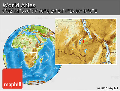 Physical Location Map of the Area around 9° 15' 16" S, 29° 49' 30" E