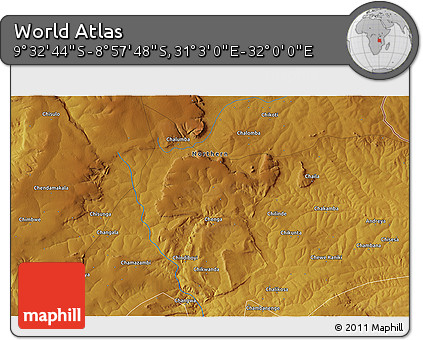 Physical 3D Map of the Area around 9° 15' 16" S, 31° 31' 29" E