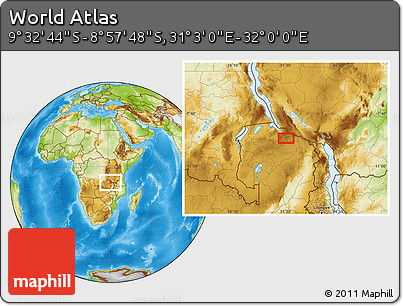Physical Location Map of the Area around 9° 15' 16" S, 31° 31' 29" E
