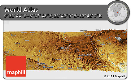 Physical Panoramic Map of the Area around 9° 15' 16" S, 33° 13' 30" E