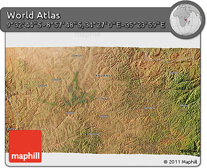 Satellite 3D Map of the Area around 9° 15' 16" S, 34° 55' 29" E