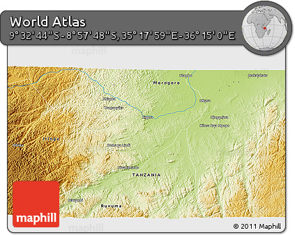 Physical 3D Map of the Area around 9° 15' 16" S, 35° 46' 29" E