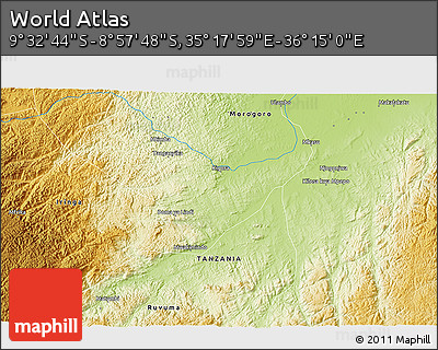 Physical 3D Map of the Area around 9° 15' 16" S, 35° 46' 29" E
