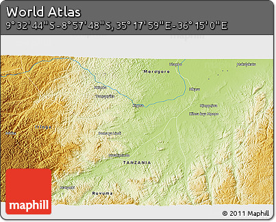 Physical 3D Map of the Area around 9° 15' 16" S, 35° 46' 29" E
