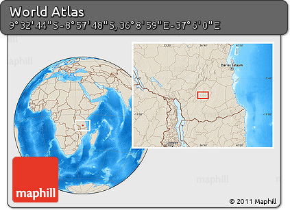 Shaded Relief Location Map of the Area around 9° 15' 16" S, 36° 37' 30" E