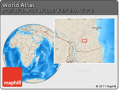 Shaded Relief Location Map of the Area around 9° 15' 16" S, 36° 37' 30" E