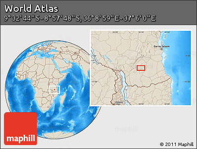 Shaded Relief Location Map of the Area around 9° 15' 16" S, 36° 37' 30" E