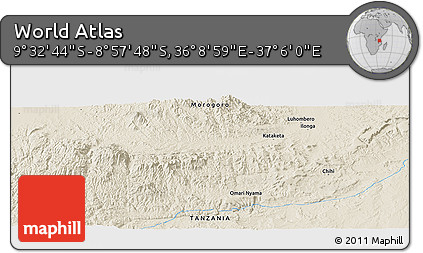 Shaded Relief Panoramic Map of the Area around 9° 15' 16" S, 36° 37' 30" E