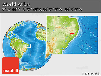 Physical Location Map of the Area around 9° 15' 16" S, 36° 28' 30" W