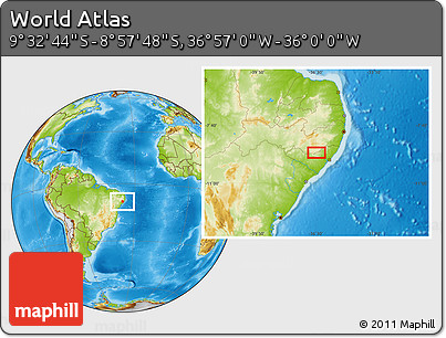 Physical Location Map of the Area around 9° 15' 16" S, 36° 28' 30" W