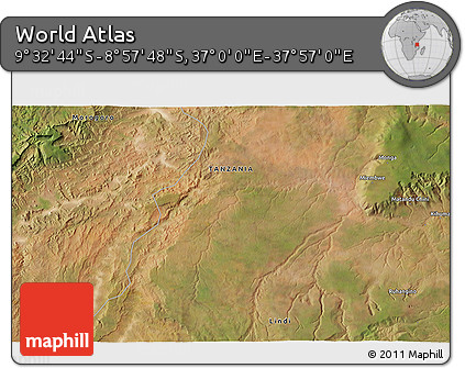 Satellite 3D Map of the Area around 9° 15' 16" S, 37° 28' 30" E