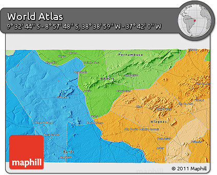 Political 3D Map of the Area around 9° 15' 16" S, 38° 10' 29" W