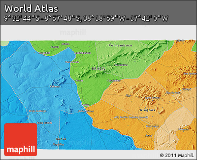 Political 3D Map of the Area around 9° 15' 16" S, 38° 10' 29" W