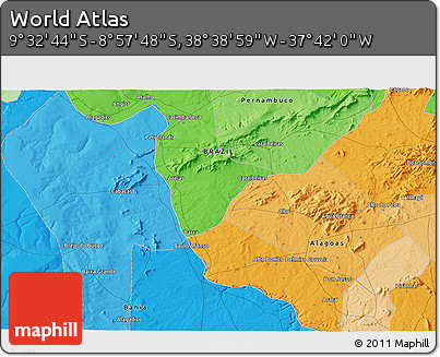 Political 3D Map of the Area around 9° 15' 16" S, 38° 10' 29" W