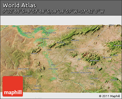 Satellite 3D Map of the Area around 9° 15' 16" S, 38° 10' 29" W
