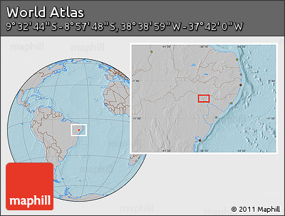 Gray Location Map of the Area around 9° 15' 16" S, 38° 10' 29" W, hill shading