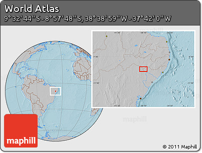 Gray Location Map of the Area around 9° 15' 16" S, 38° 10' 29" W, hill shading
