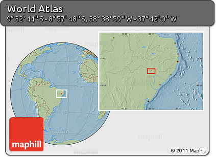 Savanna Style Location Map of the Area around 9° 15' 16" S, 38° 10' 29" W, hill shading
