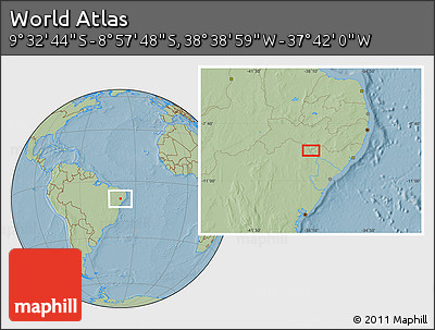 Savanna Style Location Map of the Area around 9° 15' 16" S, 38° 10' 29" W, hill shading