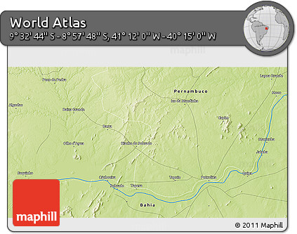 Physical 3D Map of the Area around 9° 15' 16" S, 40° 43' 30" W