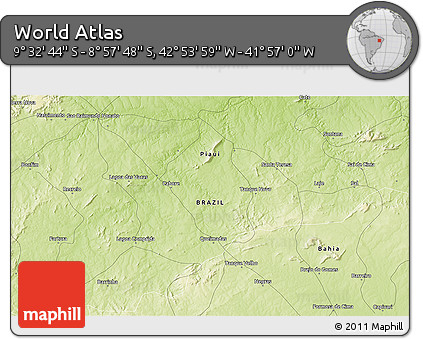 Physical 3D Map of the Area around 9° 15' 16" S, 42° 25' 29" W