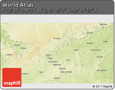 Physical 3D Map of the Area around 9° 15' 16" S, 43° 16' 29" W