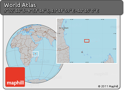 Gray Location Map of the Area around 9° 15' 16" S, 44° 16' 29" E