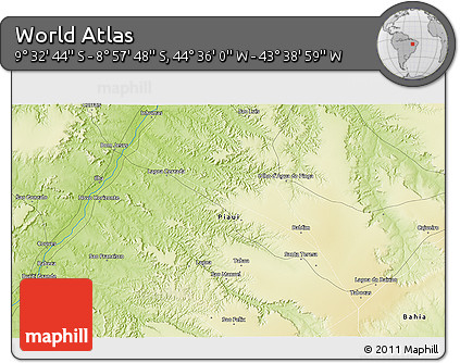 Physical 3D Map of the Area around 9° 15' 16" S, 44° 7' 30" W