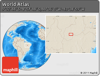 Shaded Relief Location Map of the Area around 9° 15' 16" S, 44° 7' 30" W