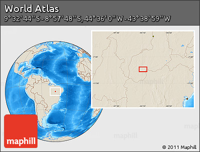 Shaded Relief Location Map of the Area around 9° 15' 16" S, 44° 7' 30" W