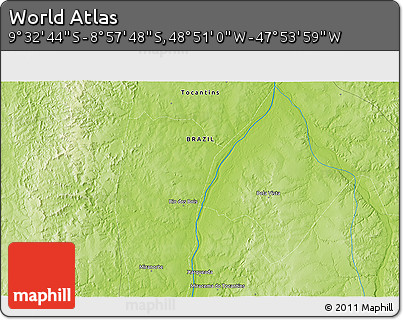Physical 3D Map of the Area around 9° 15' 16" S, 48° 22' 30" W