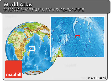 Physical Location Map of the Area around 9° 15' 16" S, 53° 37' 30" E