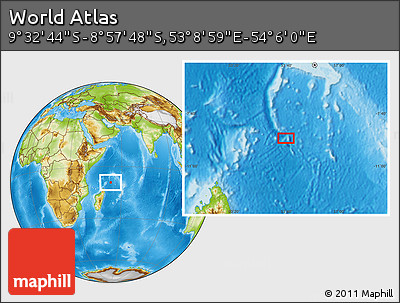 Physical Location Map of the Area around 9° 15' 16" S, 53° 37' 30" E