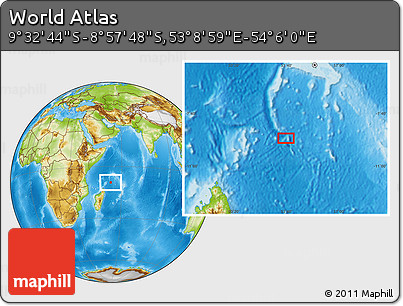 Physical Location Map of the Area around 9° 15' 16" S, 53° 37' 30" E