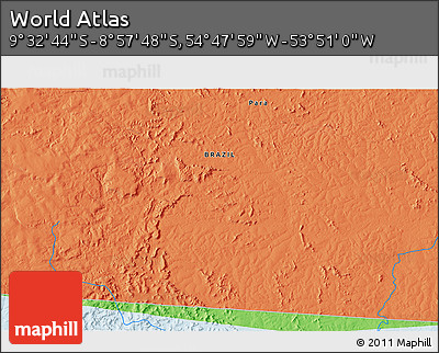 Political 3D Map of the Area around 9° 15' 16" S, 54° 19' 30" W
