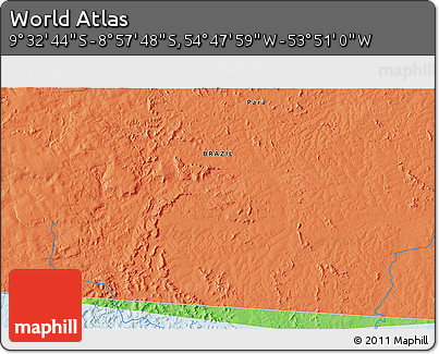 Political 3D Map of the Area around 9° 15' 16" S, 54° 19' 30" W