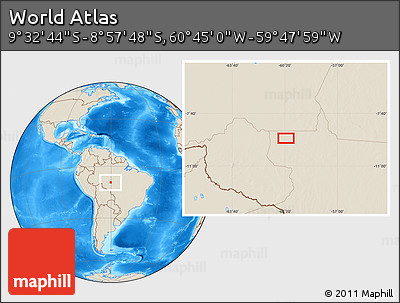 Shaded Relief Location Map of the Area around 9° 15' 16" S, 60° 16' 29" W