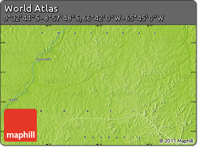 Physical Map of the Area around 9° 15' 16" S, 66° 13' 29" W