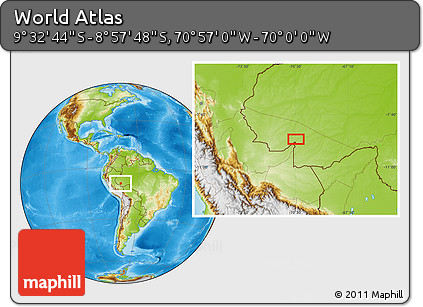 Physical Location Map of the Area around 9° 15' 16" S, 70° 28' 29" W