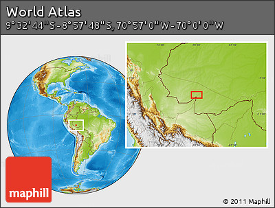 Physical Location Map of the Area around 9° 15' 16" S, 70° 28' 29" W