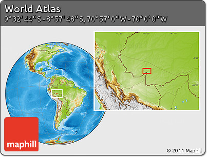 Physical Location Map of the Area around 9° 15' 16" S, 70° 28' 29" W
