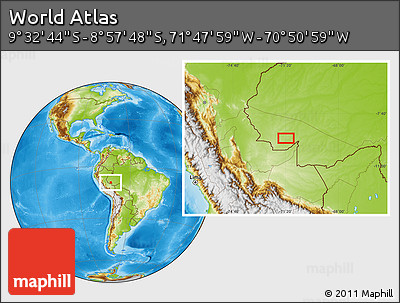 Physical Location Map of the Area around 9° 15' 16" S, 71° 19' 29" W