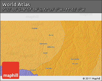 Political 3D Map of the Area around 9° 15' 16" S, 72° 10' 30" W